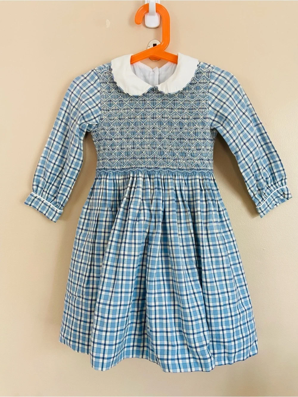 Anavini Vintage Style Smocked Plaid Dress Blue White Peter Pan Collar Size 3